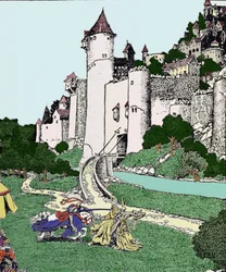 Koning Arthur en de Zwarte Ridder vechten op de binnenplaats van Camelot. Illustratie door Howard Pyle (1853-1911), Amerikaans illustrator.