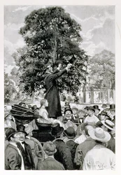 „De natie is in oorlog en heeft mannen nodig”, illustratie uit „Young” van William Gilmore Beymer, gepubliceerd in Harper