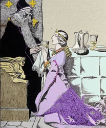 De fee Viviane betovert Merlijn de Tovenaar. Illustratie door Howard Pyle (1853 - 1911), Amerikaanse illustrator
