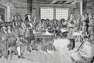 William Penn in overleg met de kolonisten, illustratie uit 