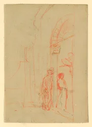 Tekening, Schets: Bij een poort, mogelijk 1888