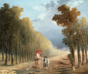 Een kunstenaar leidt de pony van zijn model op een bebost pad