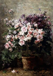 Bloemige compositie. Schilderij van Hubert Bellis (1831-1902 Belg) Privécollectie