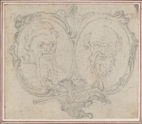 Dubbele Cartouche met Twee Hoofden en Symbolen van Roem en Dwaasheid