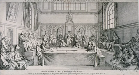 Vergadering in de Guildhall Council Chamber, City of London