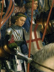 Detail van St. George, van de Ridders van Christus, van de linkerkant van het Gentse altaarstuk