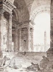 Een klassieke Romeinse arcade, met figuren op de voorgrond, 1759