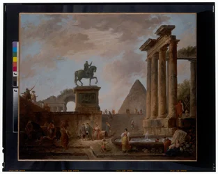 Een capriccio met troubadours en wasvrouwen bij een bassin tussen Romeinse ruïnes, een piramide daarachter