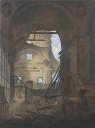 Frans: La chapelle de la Sorbonne avec la voûte de la nef effondrée Kerk van de Sorbonne in ruïnes