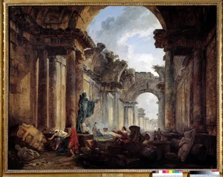 Denkbeeldig uitzicht op de Grand Galerie du Louvre in ruïnes