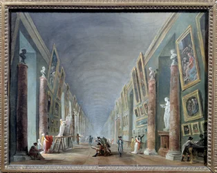 De Grote Galerij van het Louvre tussen 1801 en 1805. Schilderij van Hubert Robert (1733-1808), 0,37 x 0,46, Louvre Museum, Parijs