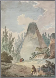 Piramide met afgebroken punt in een landschap met antieke ruïnes