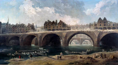 De sloop van de huizen op de brug Notre-Dame in Parijs in 1786 Op de Seine, een bootwasserij. schilderij door Hubert Robert (1733-1808) 1786