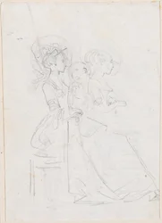 Twee zittende vrouwen met mannelijke figuur tussen hen [verso]