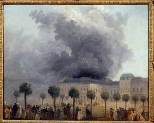 Zicht op de brand van de Opera gezien vanuit de tuinen van het Palais Royal op 8/06/1781, Schilderij door Hubert Robert