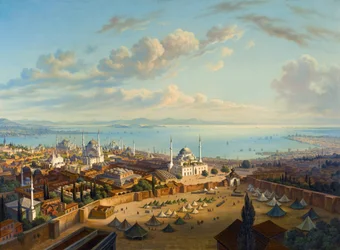 “Gezicht op Constantinopel vanaf de Serasker-toren (Bayezid of Seraskier)” (Constantinopel vanaf de brandtoren van Beyazit) - Schilderij van Hubert Sattler (1817-1904) - Olieverf op doek, 74x101,5 - Privécollectie