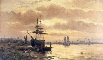 Vissersvolk aan de Oever van een Estuarium bij Zonsondergang