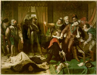 Moord op Hendrik III (1551-1589) door Jacques Clément (1567-1589), een dominicaanse geestelijke en aanhanger van de Katholieke Liga, op 1 augustus