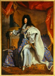 Portret van Louis XIV op 63-jarige leeftijd in groot koninklijk kostuum