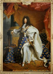 Lodewijk XIV, koning van Frankrijk Portret in koninklijk kostuum ...
