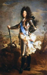 Portret van Lodewijk XIV, de Zonnekoning (1638 - 1715). Olieverf door Hyacinthe Rigaud, benoemd tot portrettist van de koning