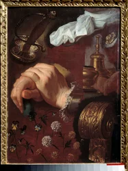 Studie van gekruiste handen, stoffen, bloemen, bel, zwaard. Schilderij door Hyacinthe Rigaud (1659-1743) 18e eeuw