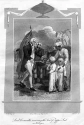 Lord Cornwallis ontvangt de zonen van Tippoo Saib als gijzelaars
