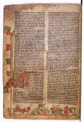 Geïllustreerde initiaal D aan het begin van De Saga van Olaf Tryggvason, uit Flateyjarbok (Het Boek van Flatey) eind 14e eeuw