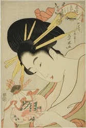 De Courtisane Hanahito van de Ogiya en bedienden Sakura en Momiji, uit de serie 