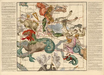 Lente-equinox, Plaat 2 uit Globi coelestis in tabulas planas redacti descriptio, uitgegeven 1674 (handgekleurde gravure)