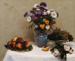 Witte Rozen en Chrysanten in een Vaas - Perziken en Druiven op een Tafel met een Wit Tafelkleed, 1876