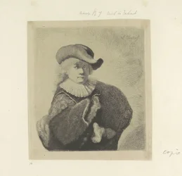 Zelfportret met hoed met slappe rand en geborduurde mantel