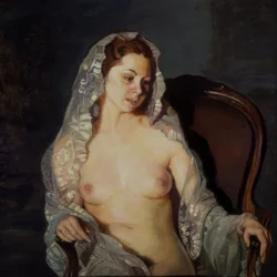 Zittende naakte vrouw met transparante mantilla - 20e eeuw