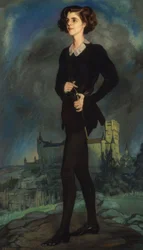 De Amerikaanse schrijfster Michael Strange (Mrs Barrymore) met het Alcázar op de achtergrond, 1924