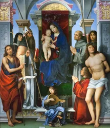 Madonna en kind op een troon, met heiligen