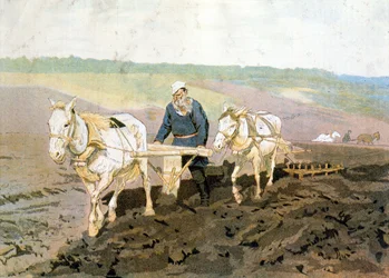 Graaf Tolstoy aan het ploegen - volgens het schilderij van Repine