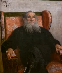 Leo Tolstoj in een roze fauteuil