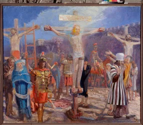 De Calvarieberg. (Scène van de Kruisiging). Aan de zijkanten, voorstelling van de goede moordenaar (ook wel Sint Dismas genoemd) en de slechte moordenaar (Gesmas), twee dieven die met Jezus Christus werden gekruisigd.