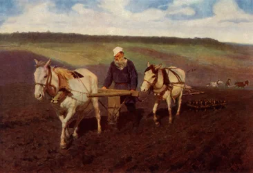De ploeger Leo Nikolayevich Tolstoy aan de ploeg