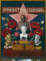 Welkom op het 17e congres van de Communistische Partij van de Sovjet-Unie (CPSU). Voorstelling van politici en communistische denkers: Vladimir Iljitsj Oeljanov, bekend als Lenin, Joseph Stalin.