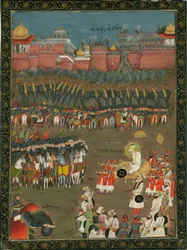 De verovering van Golkonda door Mughal keizer Aurangzeb in 1687, ca. 1760