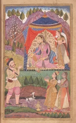 Folio 138 Farhad vertelt zijn avonturen aan Prinses Shirin, uit de Khusrau en Shirin, Deccani School, 1722