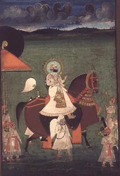 Rana Sarup Singh (1842-61) van Mewar rijdt op een kastanjebruine hengst, zijn volgelingen te voet dragen zonneschermen en koninklijke attributen, Udaipur, ca. 1855