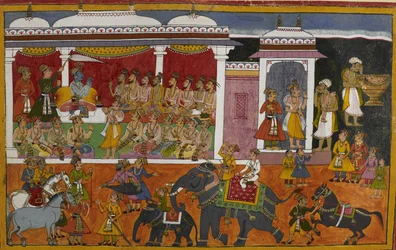 Een Brahmaan raadpleegt Rāma over de dood van zijn zoon, terwijl het lichaam wordt bewaard in een urn
