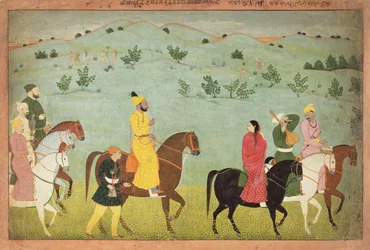 Een Jasrota prins, mogelijk Balwant Singh, op een rijexpeditie, door Nainsukh (fl. 1740-50) Kashmir, c.1751