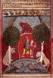 Een cobra wordt gevangen in een bos bevolkt met dieren. Miniatuur van de school van Malwa (Indiaas) rond 1680. Privécollectie