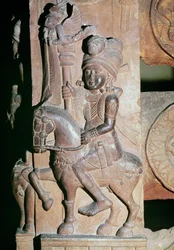 Een ruiter, detail van de poort van een boeddhistische stupa, uit Bharhut, Madhya Pradesh, Late Mauryan Periode, Sunga Dynastie