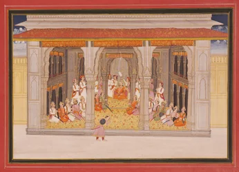 Een koning in durbar in een paviljoen
