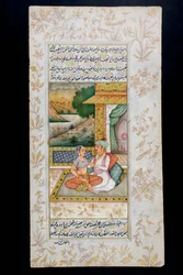 Een man het hof maken aan een vrouw in een boudoir scène, Rajasthani miniatuurschilderij