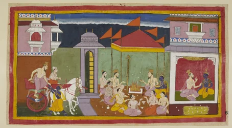 Add 15296 (1) f.15r, Links arriveert Vasistha bij het paleis van Rama en met de hulp van Rama stapt hij uit zijn wagen, en rechts, zittend met Rama, adviseert hij hem om die nacht te vasten zoals de koning heeft opgedragen. Een stapel kusa-gras voor Rama e